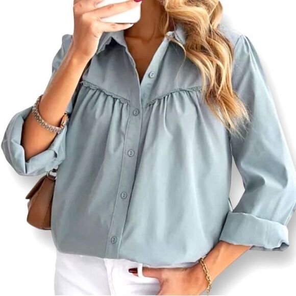 🔴2 for 60🔴 blouse button up long-sleeve blue gray pleated lace trim size M. - Picture 4 of 16